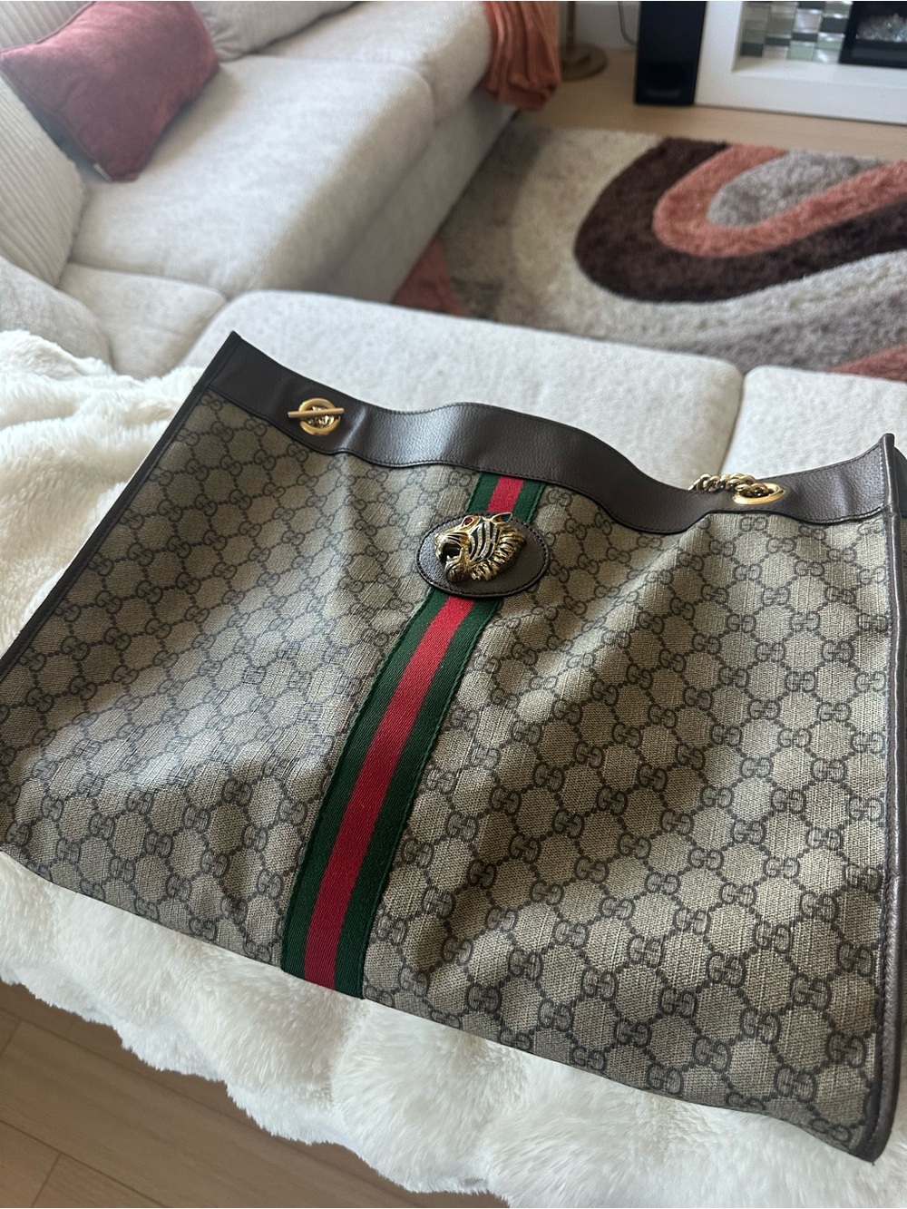 Gucci Brown GG Supreme Tote with Green-Red Web and Gold Tone Detail